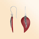 Sterling silver red coral leaf earrings with artisan oxidized silver detailing